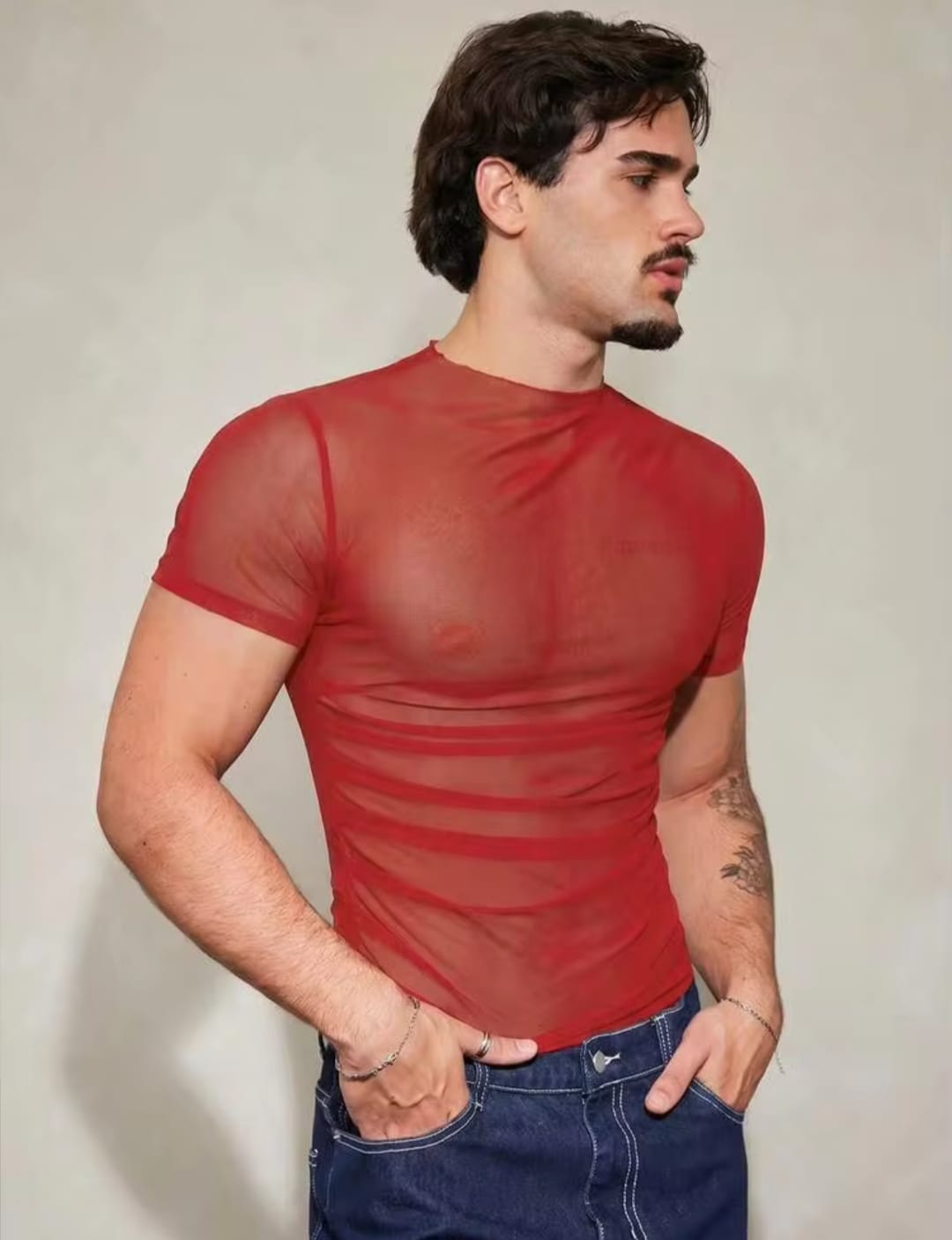 Men's Red Sheer Mesh Short Sleeve Muscle Fit Ruched T-Shirt